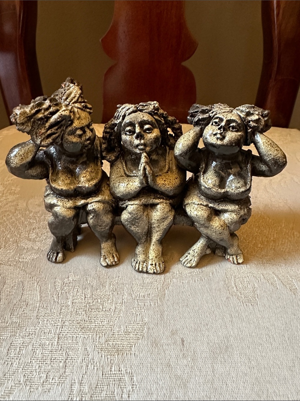 Handmade, signed clay sculpture of 3 women, modern hear no evil, see no evil